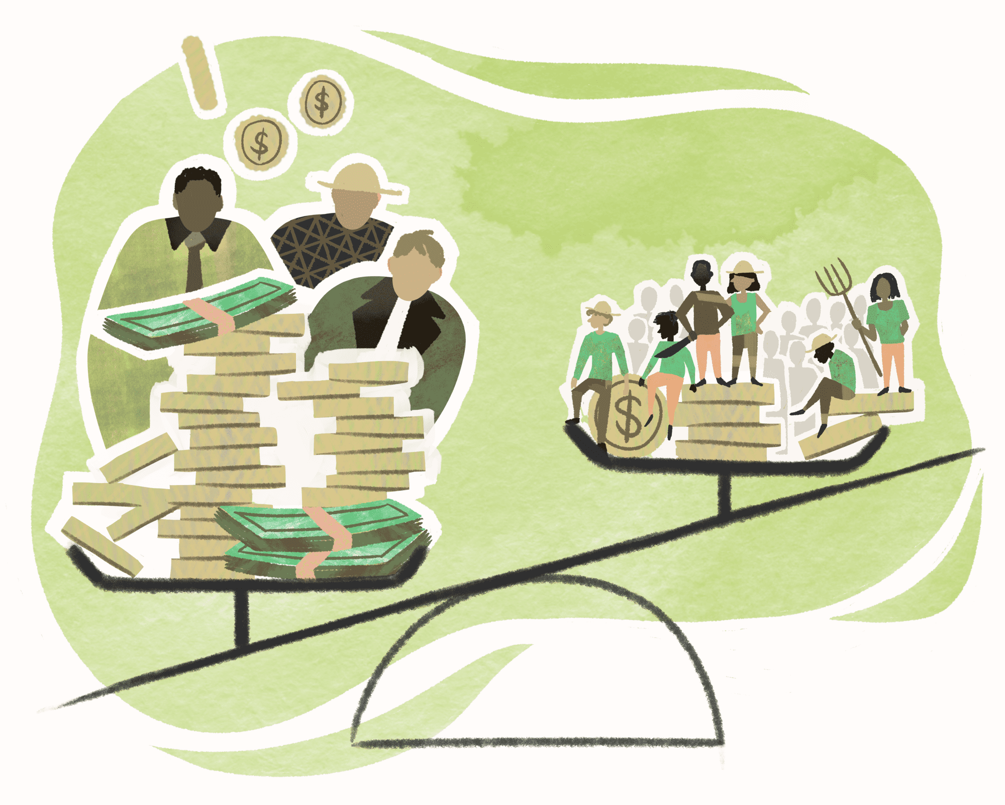 Illustration of a scale with on one side rich farmers, often from northen countries, and on the other side poor farmers